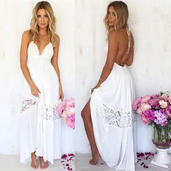 

Boho Women Ladies Backless Halter V Neck Maxi Beach Dresses Fashion Summer Long Dress Female White Sleeveless Sundress