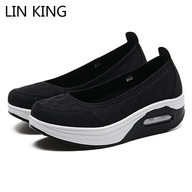 

LIN KING Breathable Knitted Women Vulcanized Shoes Slip On Lazy Loafers Wedges Swing Shoes Comfortable Nurse Work Shoes Big Size