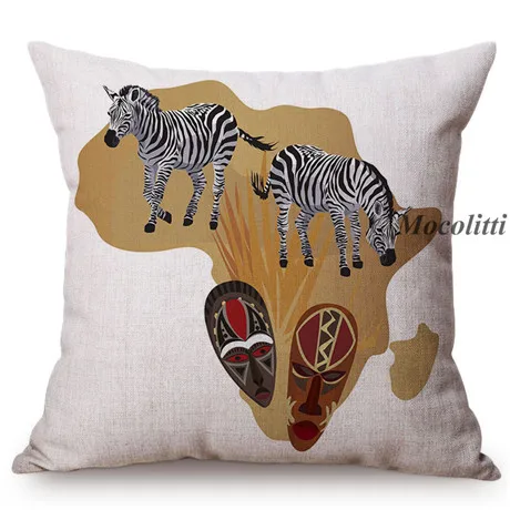 Africa Map Design Home Decor Sofa Throw Pillow Case African Nation Features Mask Wild Animals Style Cotton Linen Cushion Cover M161-2