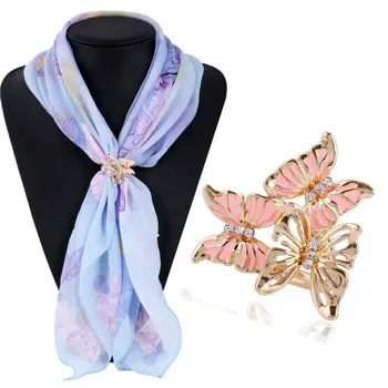 

Popular Fashion All-match Silk Scarf Buckle Rhinestone Three Butterfly Three Ring Scarves Buckle