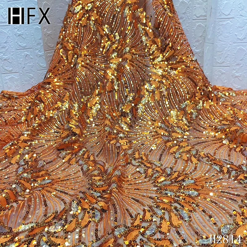 HFX нигерийская кружевная ткань с блестками, блестящая золотая кружевная ткань, африканская кружевная ткань с блестками для вечернего платья F2814