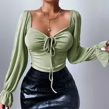

Long Sleeve Summer Tops for Women 2021 Autumn New Sweet Drawstring Hollowed Out Top Hollowed Out Strap Trumpet Sleeve Top