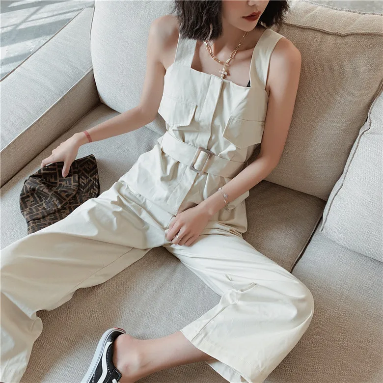 

New Summer Women Jumpsuits Rompers Casual Strap High Waist Jumpsuits Wide Leg Ankle-Length Pants Cargo Playsuit CF061