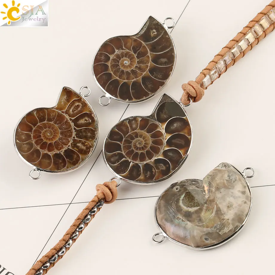 CSJA Boho Wrap Leather Bracelet Natural Ammonite Fossils Hematite Tiger Eye Bead Multilayer Woven Charm Bracelets for Women S475