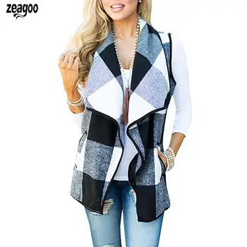 

Women Casual Open Front Sleeveless Plaid Vest Autumn, Winter Side Pockets Turndown Collar Cardigan Jackets