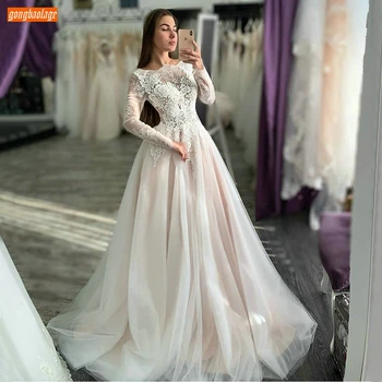

Fashion Boho Wedding Gown Long Sleeve Lace Appliqued Zipper Tulle A Line Wedding Dresses 2020 Slim fit Custom Made Bride Dresses