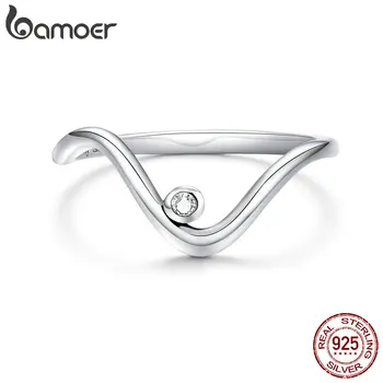 

bamoer Genuine 925 Sterling Silver Wave Finger Rings for Women Minimalist Korean Style Fine Jewelry Bague SCR650