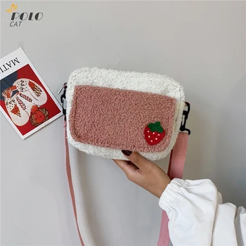 

Women Lamb Like Fabric Shoulder Bag Female Strawberry Female Bag Wide Strap Plush Winter Handbag Messenger Bag Soft Warm Fur Bag