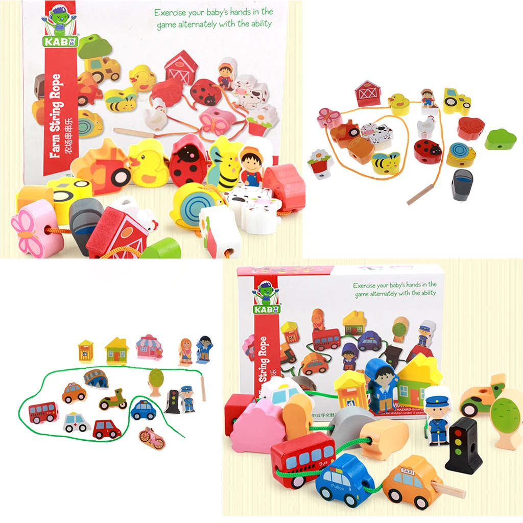 2x Wooden Cartoon Threading Beads Lacing Game Kids Baby Educational Toy Set - Farm and City