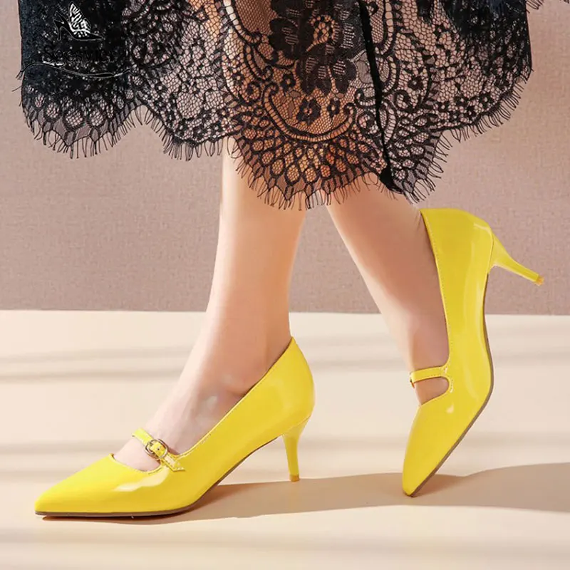 

Sgesvier Buckle Fashion OL Office Shoes 2020 New Women's Concise Patent Leather Shallow High Heels Shoes Pointed Toe Women Pumps