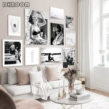 

Fashion Girl Print Canvas Painting Black and White Wall Art Nordic Minimalist Posters Wall Pictures for Living Room Decor