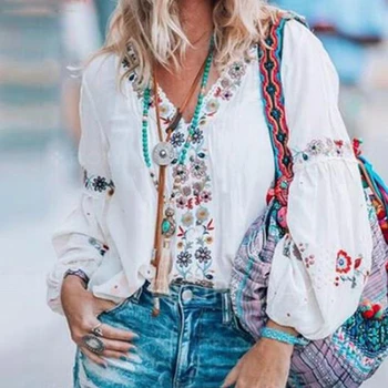 

Latest Trendy Hand Embroidery Blouses High-end Boutique Floral Shirts Fashion Women's Long Sleeve V-neck Tops Blouse Embroidered