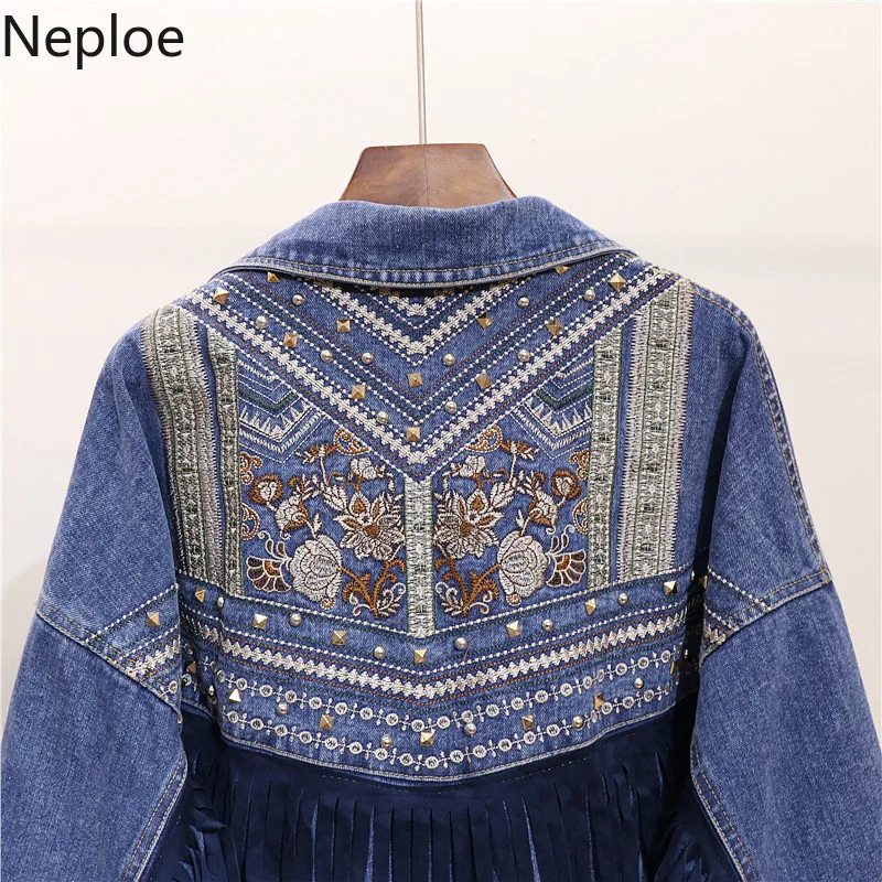 Neploe вышитая бисером джинсовая Ретро Повседневная куртка женская элегантная кисточка патч Veste Femme Свободные толстовки Mujer осень 46222