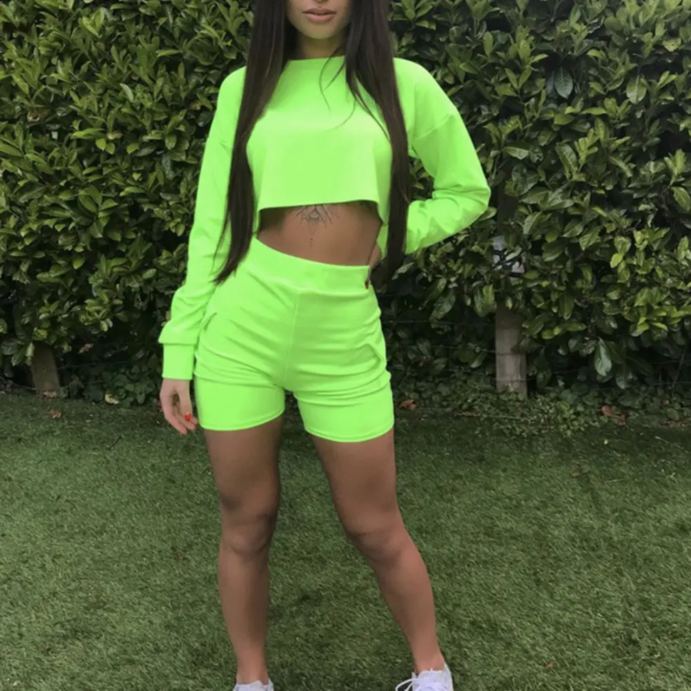 2Pcs Summer Women Running Set Tracksuit Sweatshirts Long Sleeve Top High Waist Short Pant Spring Autumn Jogging Sport Suit