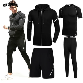 

Reflective Men Sportswear Elastic Hooded Gym Clothes Man Jogging Running Training Fitness Clothing Black Gray Running Sets Male