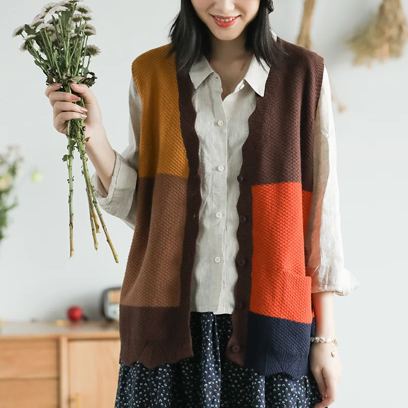 Осенне-зимний жилет контрастного цвета из пряжи, простой вязаный жилет с K-образным вырезом без рукавов, женская рубашка