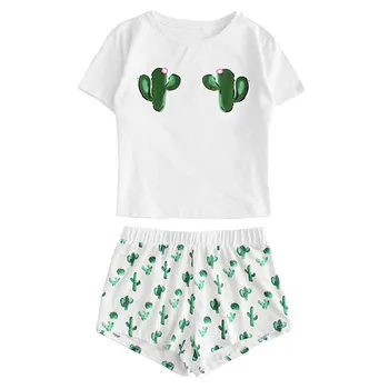 

Letter Pajamas Set Women Cute Cat Printing Short Sleeve T-shirt Shorts Sleepwear Nightwear Set Pyjama Femme Womens Pajamas Set