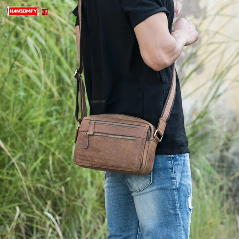 

Retro handmade men's bag male shoulder Messenger bag genuine leather crossbody bag small casual leather bag men tide bags