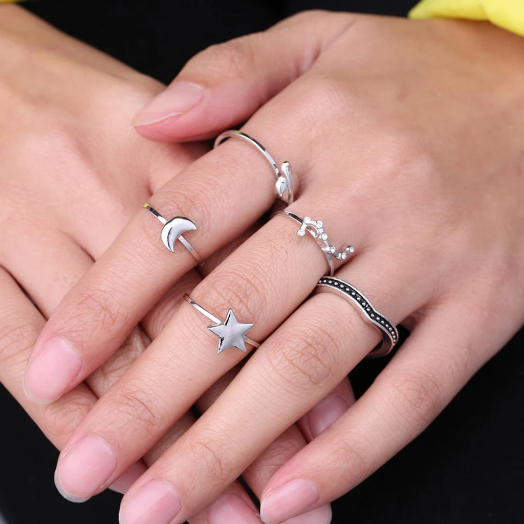 5 pcs Gothic Crystal Stack Above  Sun Moon Heart Midi Finger Ring Ancient silver color
