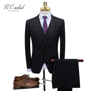 

PEORCHID Black Plaid Check Men Tuxedo Suit Costume Homme Luxe Business Suits Latest Coat Vest Pant Designs Groom Wedding Dress