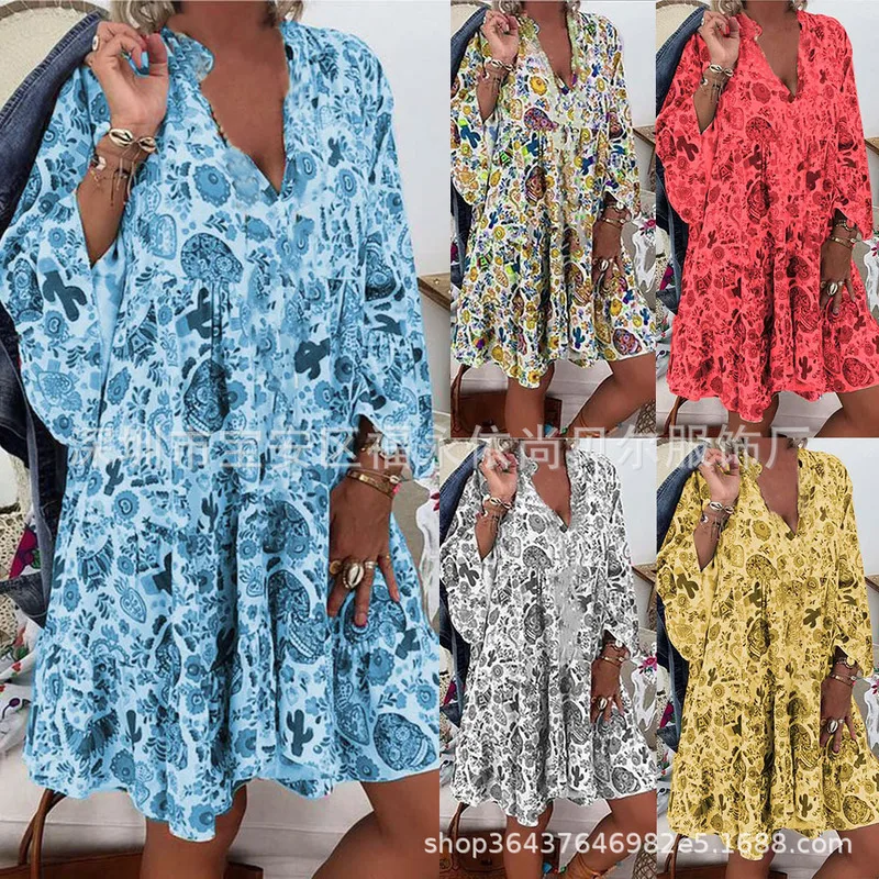 

Hot Sale Women's Casual Plus Size Women's Printed Collar Button Frilled Dress