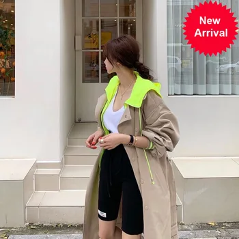 

New 2020 Spring Hooded Trench Coat Korean Plus Size Khaki Long Coat Female Trenchcoat Overcoat Fall Clothes