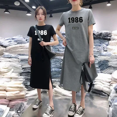 

Summer New Style Mid-length Short Sleeve Blouse Pullover Printed 1986 Dress over-the-Knee Base T-shirt Slit Skirt