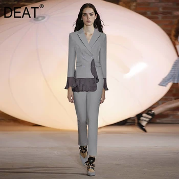 

DEAT 2020 notched gray color patchwork spliced flare sleeves single breasted zippers blazer and full length pants set WM98602L