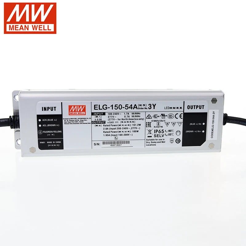 MEAN WELL ELG-150-54A-3Y 150 Вт 2.8A 54 в регулируемый светодиодный драйвер 110 В/220 В переменного тока до 54 в постоянного тока водонепроницаемый IP65 Meanwell Светодиодный источник питания