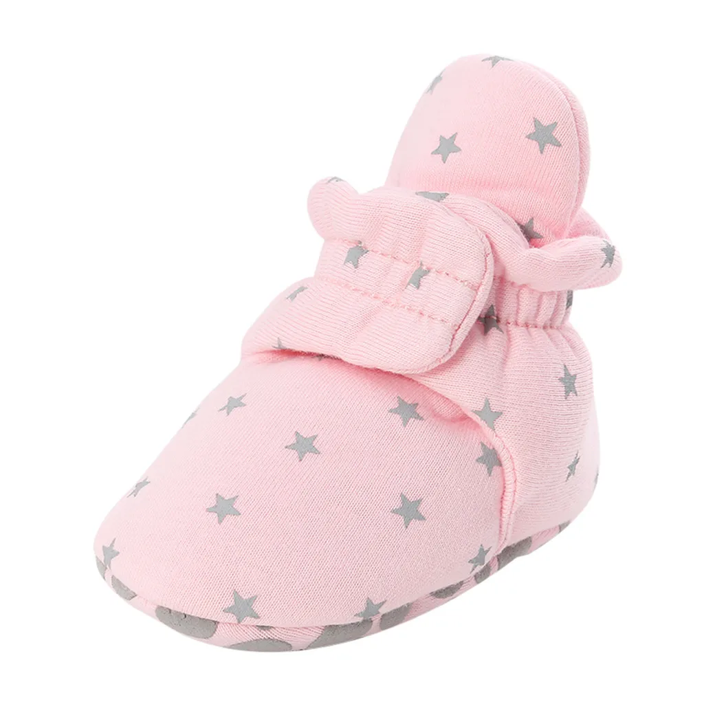 Обувь для новорожденных мальчиков; нескользящие зимние теплые ботиночки унисекс для малышей; мягкая обувь на липучке с принтом со звездами; модная детская обувь для первых шагов - Цвет: Розовый