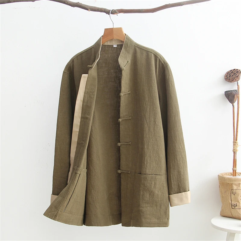 

Men's Long Sleeve Cotton Linen Kung Fu Jacket Traditional Chinese Solid Tang Suit Coat Loose Male Frock Autumn drak green coat