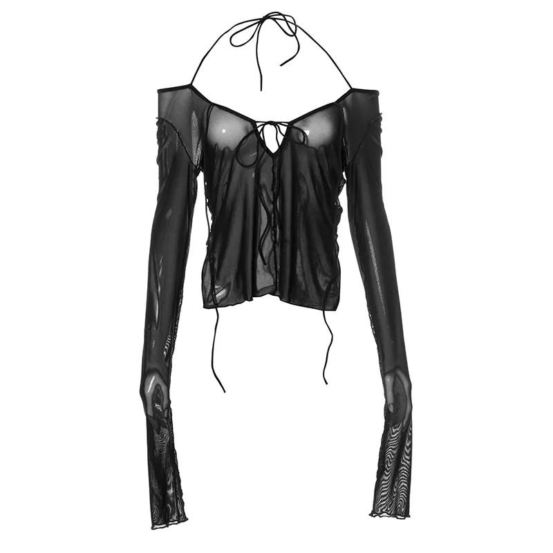 Goth Dark Y2k Punk Mesh See Through T-shirts Women Cyber Sexy Summer Halter Tops Lace Up Techwear Black Patchwork Split Clothes