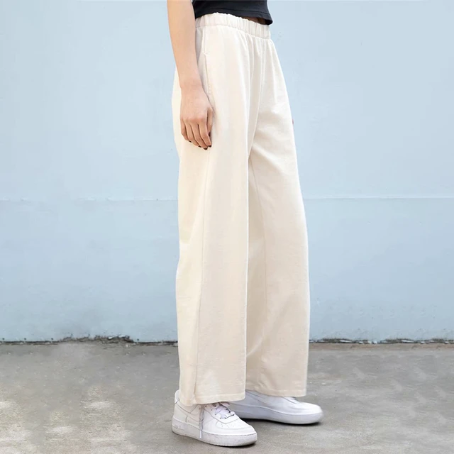 Plain Straight Loose Wide-Leg pants for Women Elastic Waist Cotton Soft  Trousers