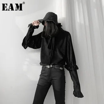 

[EAM] Women Suede Ruffles Big Size Blouse New Stand Collar Long Puff Sleeve Loose Fit Shirt Fashion Spring Autumn 2020 19A-a594