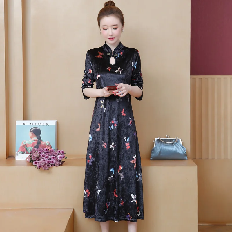 Большой размер Cheongsam молодой принт китайский стиль рукава улучшенная версия платья бархат cheongsam длинная секция