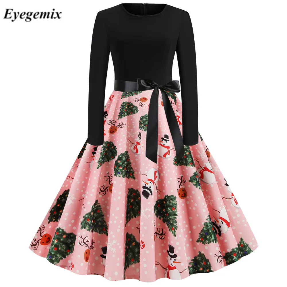 Женское винтажное рождественское платье с круглым вырезом и длинным рукавом |