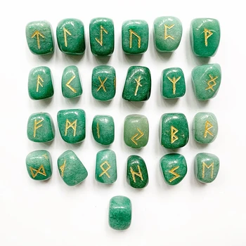 Natural Green Aventurine Crystal Rune Stones Set Tumble Stones Polished Nordic Viking Runes Amulet Divination Crafts 25pcs 1