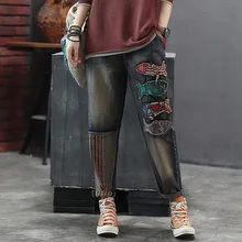 Женские джинсы, Осенние, свободные, Ретро стиль, повседневные, джинсовые штаны,, женские, с эластичной талией, с карманами, из кусков, с рыбками, отбеленные, винтажные, свободные брюки