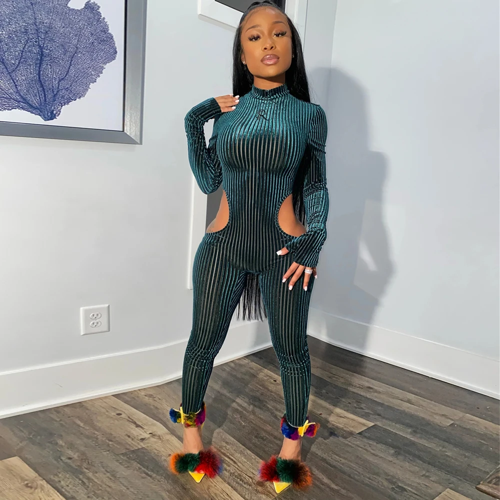 

Uhhfuyf Women long sleeve cut out velvet jumpsuits 2020 Fall Winter Rompers women jumpsuit Bodycon Overalls sexy womanoutfits