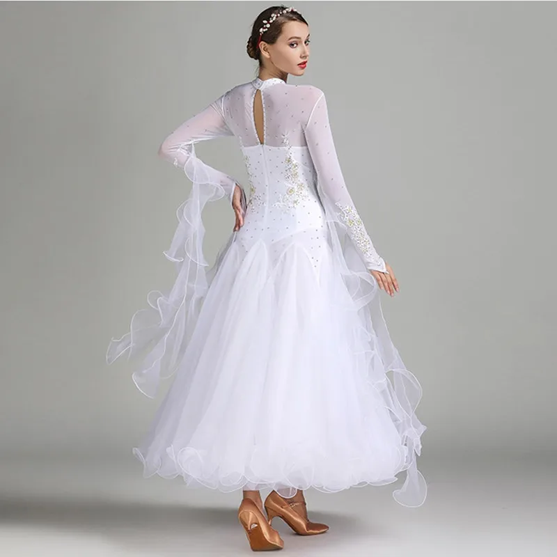 White Hight Coller Ganze Stitching Standard Ballroom Dresses Women Waltz Dress Fringe Foxtrot Dance Clothes Luminous Costumes