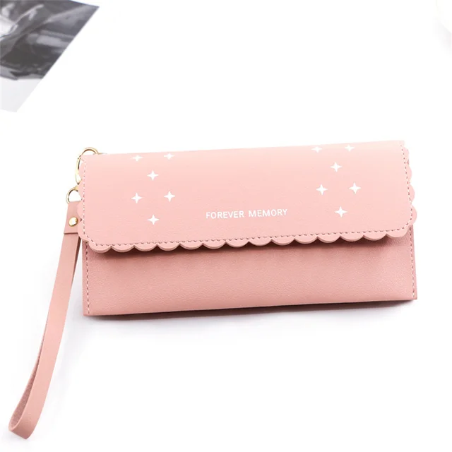 Big Capacity Thin Strap Envelop Design Carteira Gifts Star Pattern Metal Accessories Long Wallet for Woman Shopping Pocket Bag Pink
