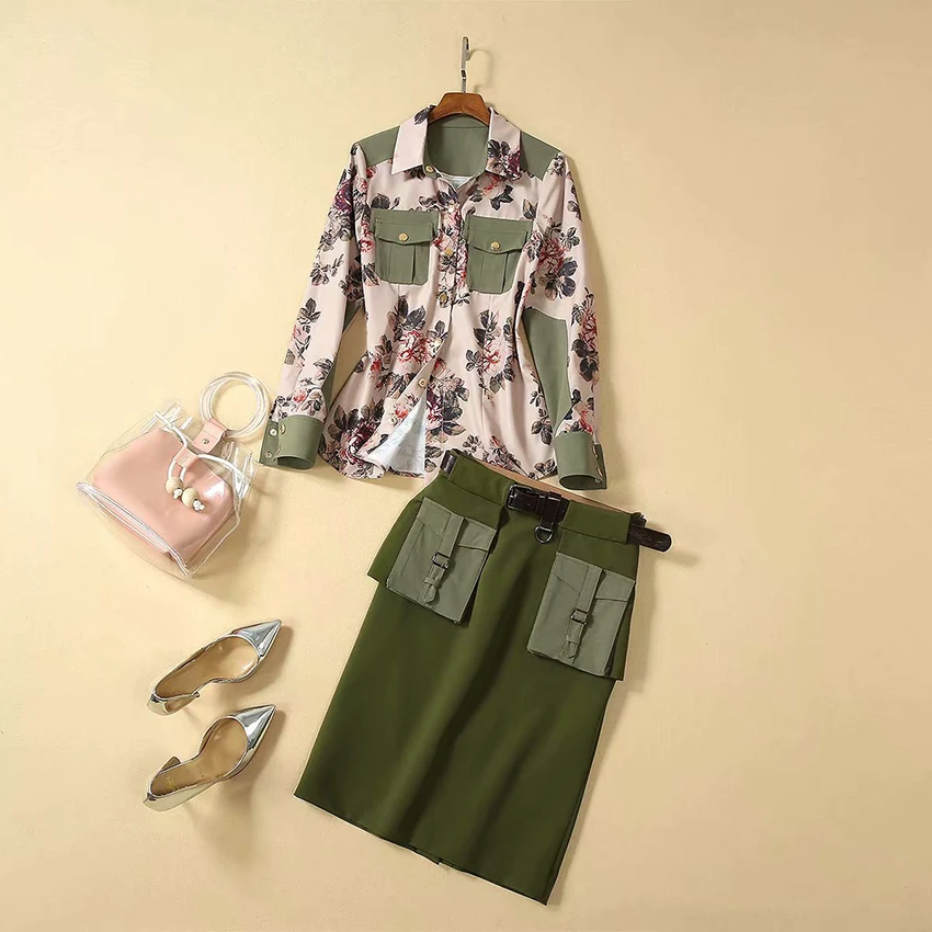 

HIGH QUALITY New Fashion 2019 Designer Set Women's Army Green Pockets Patchwork Floral Blouse Tops And Split Casual Skirt Sets