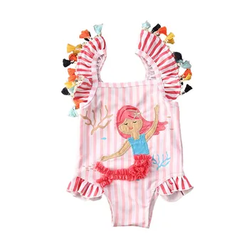 

2020 New Summer Kids Girls Swimsuit Cute 3D Mermaid Fly Sleeve Striped Tassel Tankini One Piece Swimming Bathing Suit Beachwear