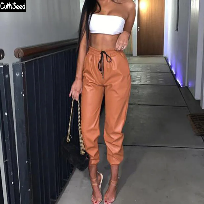 

2019 Women PU Leather Long Pant Trousers Female New Fashion Elastic Waist Long Pant Trousers Ladies Casual Pencil Pants Trousers