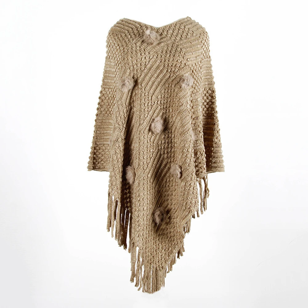 Women Solid Fur Ball Irregular Tassel Cloak Sweaters Autumn Winter Knitted Poncho Capes Full Sleeve Loose Pullover Sweater - Цвет: Хаки