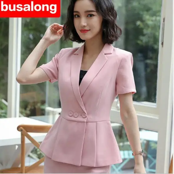 Formal summer short-sleeve Women skirt suits 2 pieces set fashion uniform ladies suits for office pink black apricot