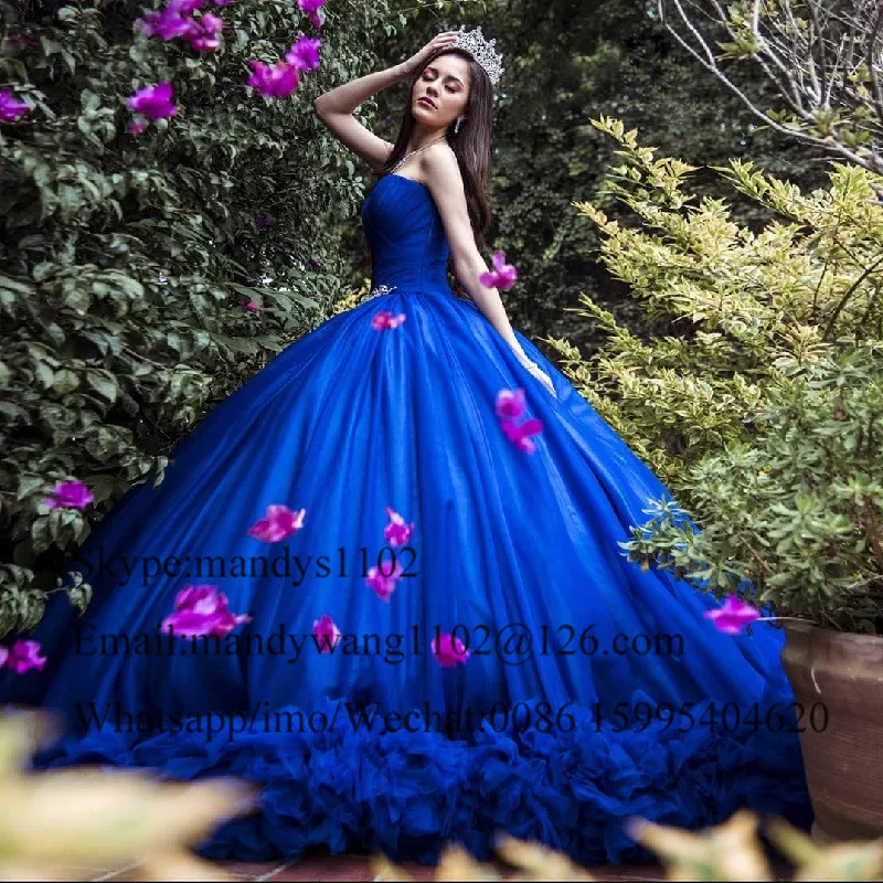 Ball Gown Off Shoulder Sleeveless Beaded Pleated Appliques Lace Up Royal Blue Tulle Quinceanera Dress Formal Evening Gown Birthday Party Dress For Sweet 16