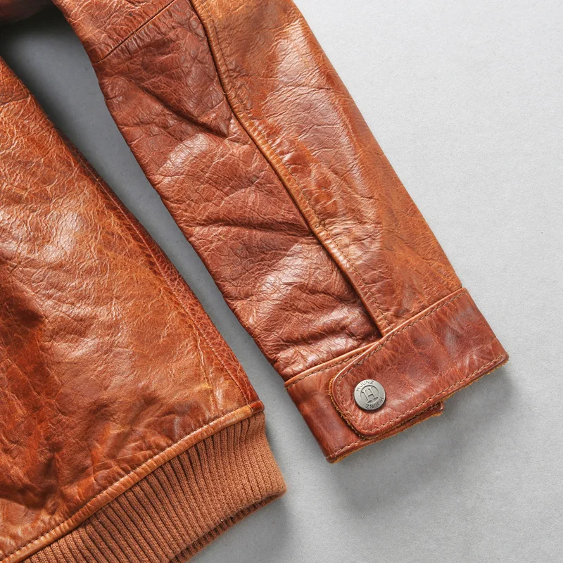 Male Genuine Leather Brown Jacket Simple Vintage Classic Cowskin Motorcycle Rider Jacket for Male European American Style Coat
