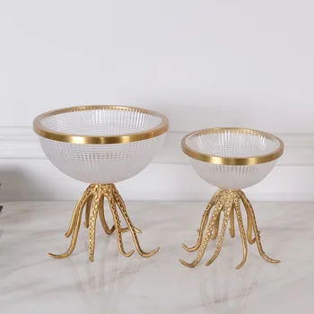

Luxury Gold Round Glass Fruit Debris Storage Tray Modern Home Living Room Coffee Table Brass Octopus Storage Decor Ornaments