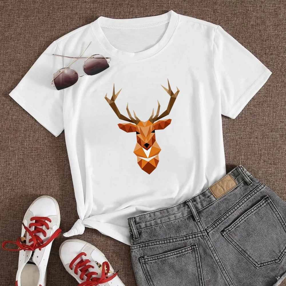 

Fashion Geometry Reindeer Print T-shirt Modern Girl Women Solid Casual Polo shirt Short sleeve Top Trendy O-Neck Student Tshirt